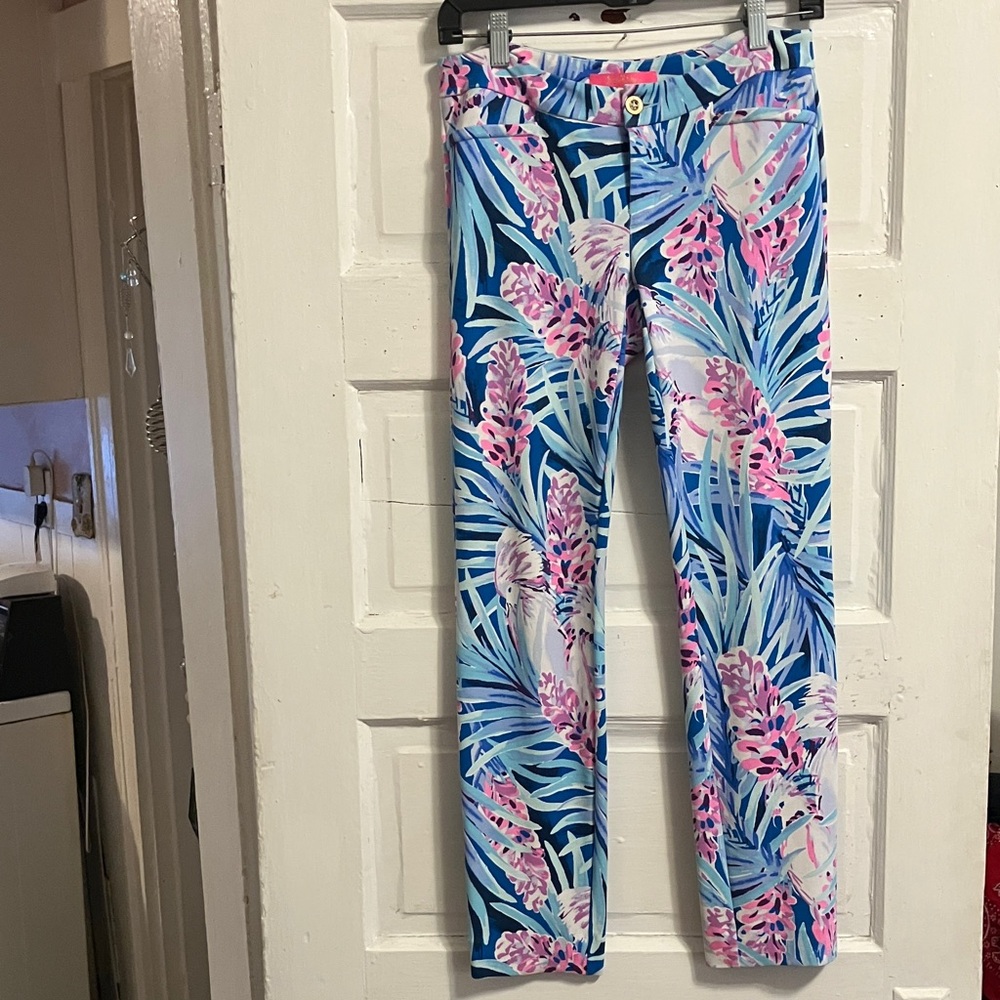 Lilly Pulitzer Blue & Pink Tropical Print Skinny Pants